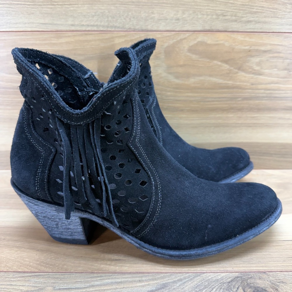 Shyanne Nicki Laser Cut Out Ankle Boots Womens 10 Black Suede Fringe Block Heel